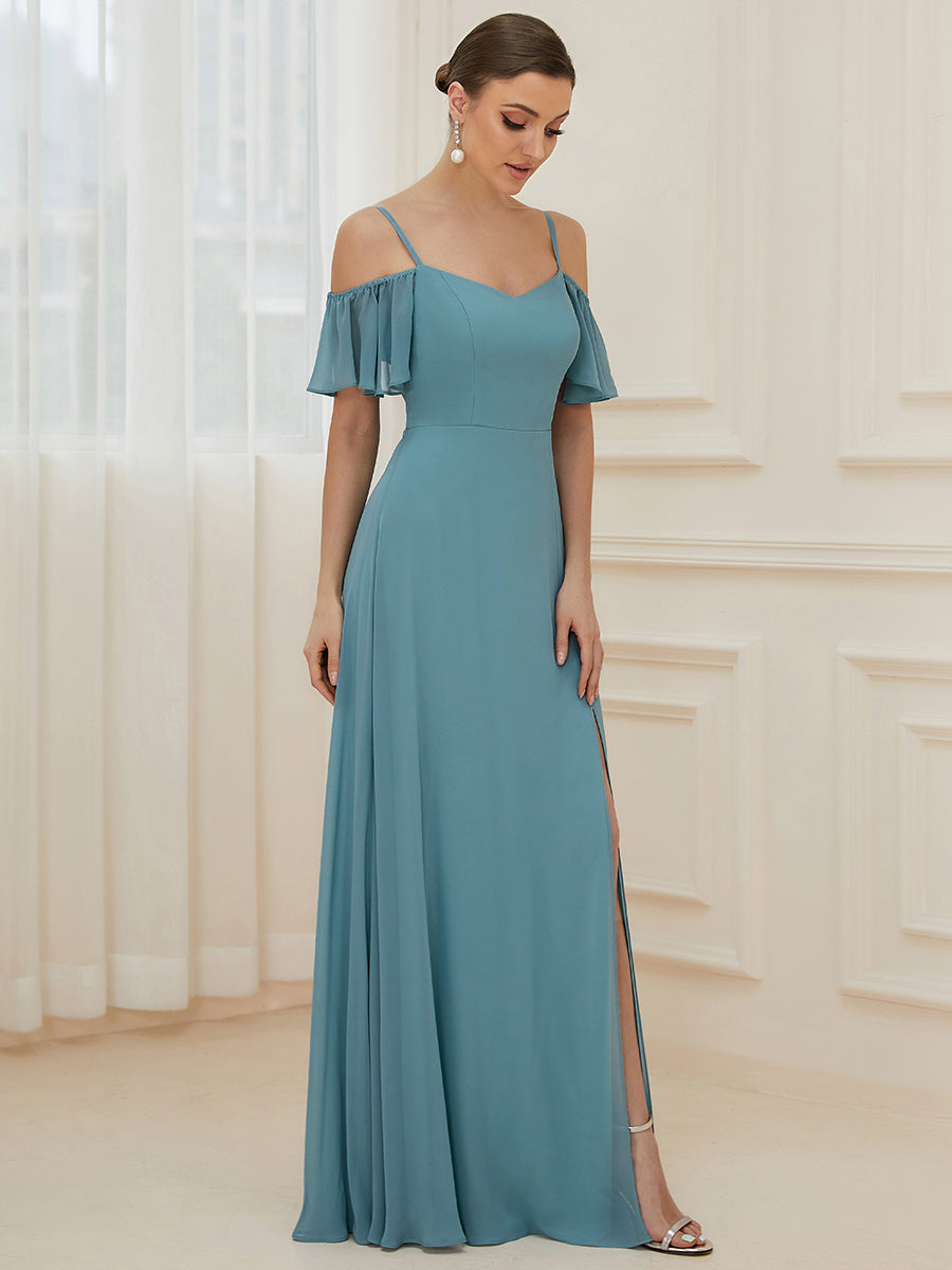 Flattering A-Line Deep V Neck Bridesmaid Gown with Stylish Flare Sleeves