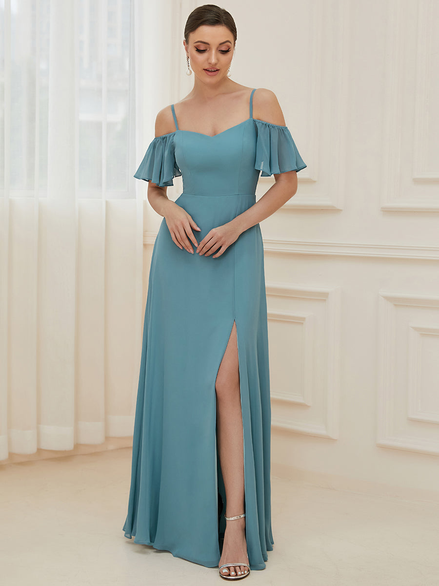 Flattering A-Line Deep V Neck Bridesmaid Gown with Stylish Flare Sleeves