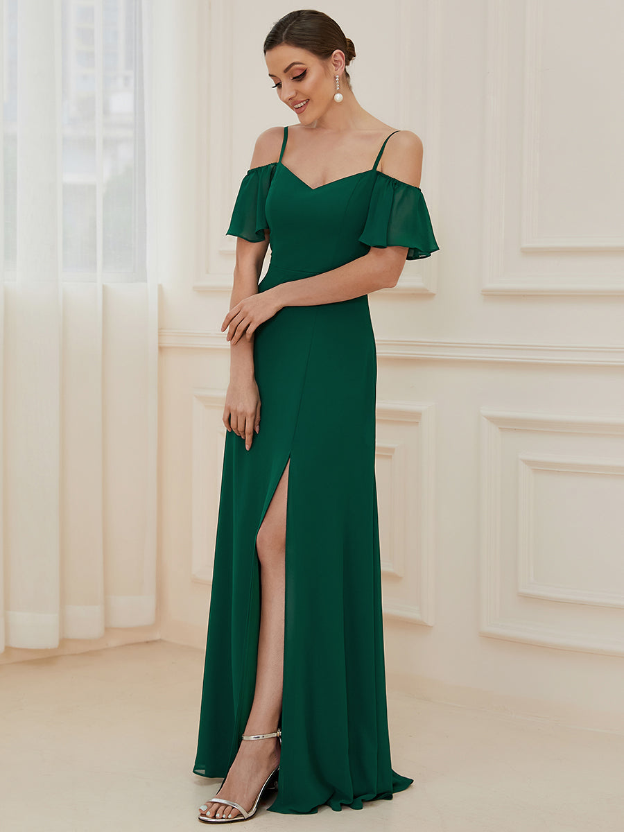 Flattering A-Line Deep V Neck Bridesmaid Gown with Stylish Flare Sleeves