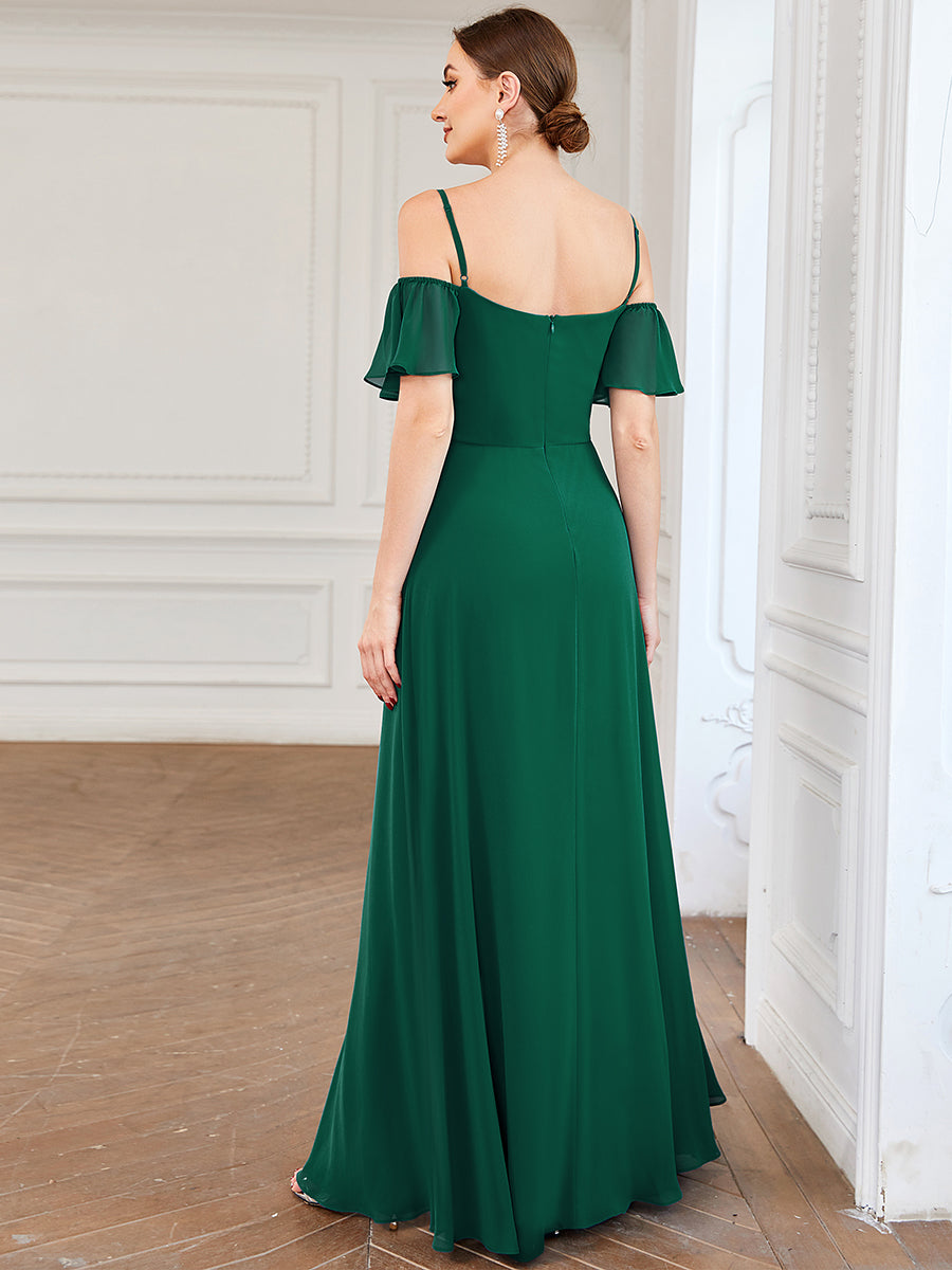 Flattering A-Line Deep V Neck Bridesmaid Gown with Stylish Flare Sleeves