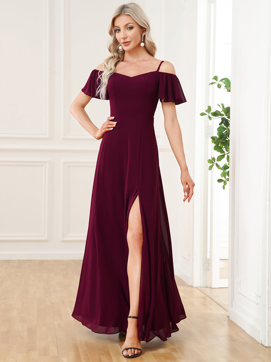 Flattering A-Line Deep V Neck Bridesmaid Gown with Stylish Flare Sleeves