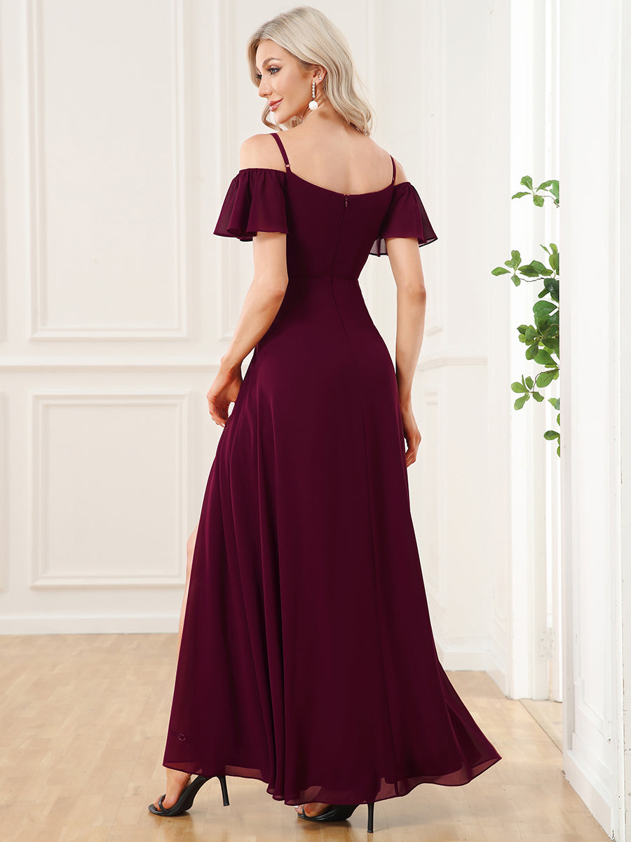 Flattering A-Line Deep V Neck Bridesmaid Gown with Stylish Flare Sleeves