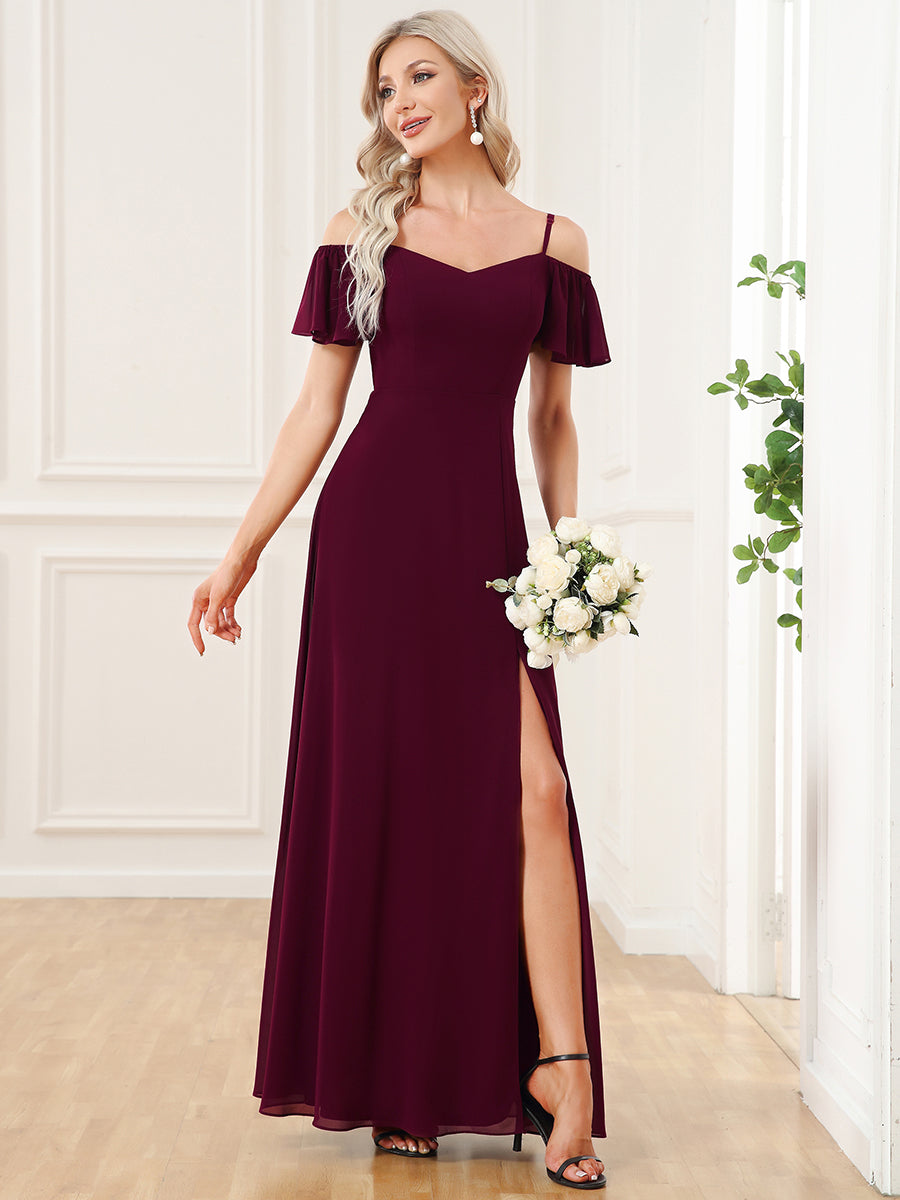 Flattering A-Line Deep V Neck Bridesmaid Gown with Stylish Flare Sleeves