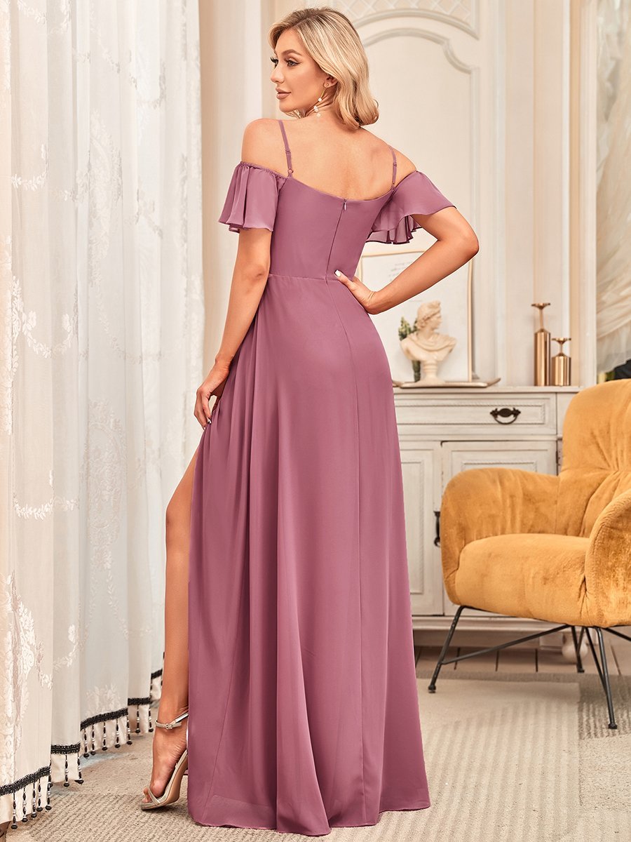 Flattering A-Line Deep V Neck Bridesmaid Gown with Stylish Flare Sleeves