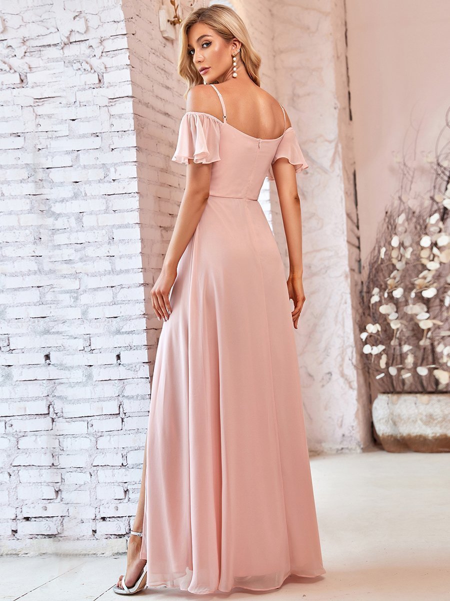 Flattering A-Line Deep V Neck Bridesmaid Gown with Stylish Flare Sleeves