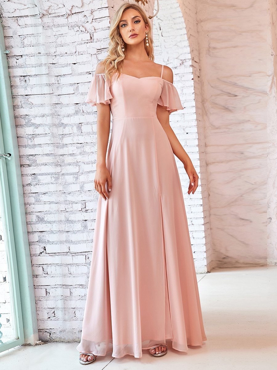 Flattering A-Line Deep V Neck Bridesmaid Gown with Stylish Flare Sleeves