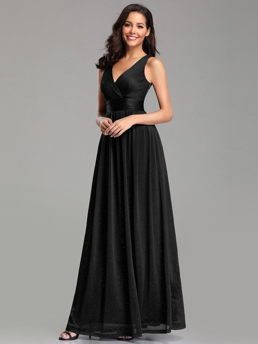 Sparkling Floor Length Evening Gown with Double V-Neck for Special Occasions