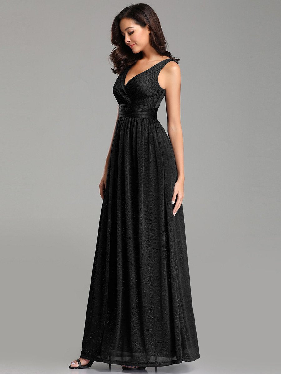 Sparkling Floor Length Evening Gown with Double V-Neck for Special Occasions