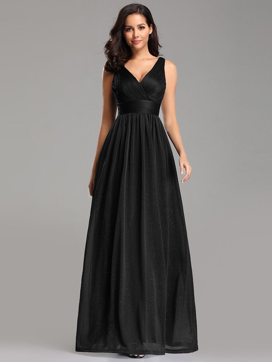 Sparkling Floor Length Evening Gown with Double V-Neck for Special Occasions