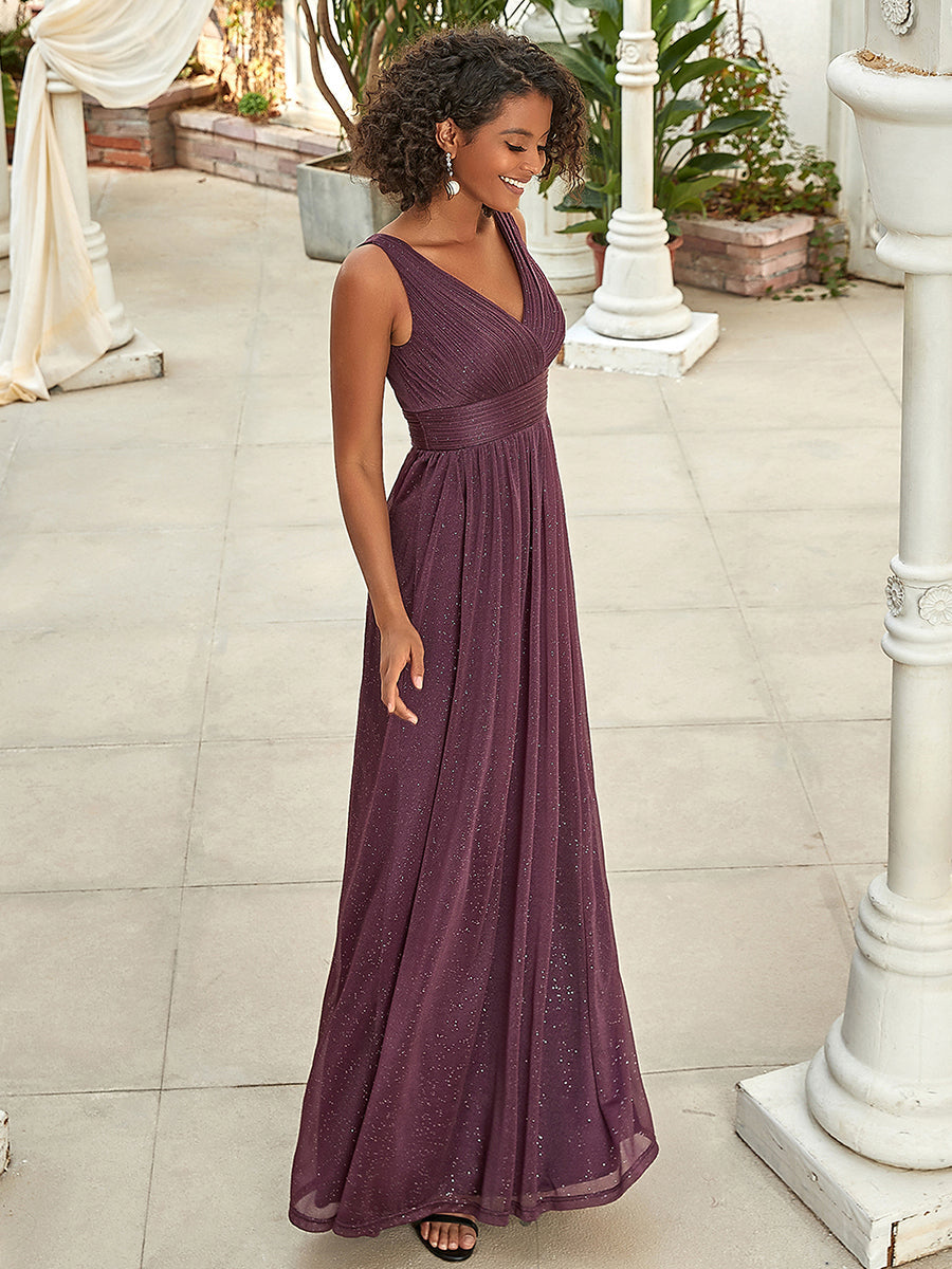 Sparkling Floor Length Evening Gown with Double V-Neck for Special Occasions