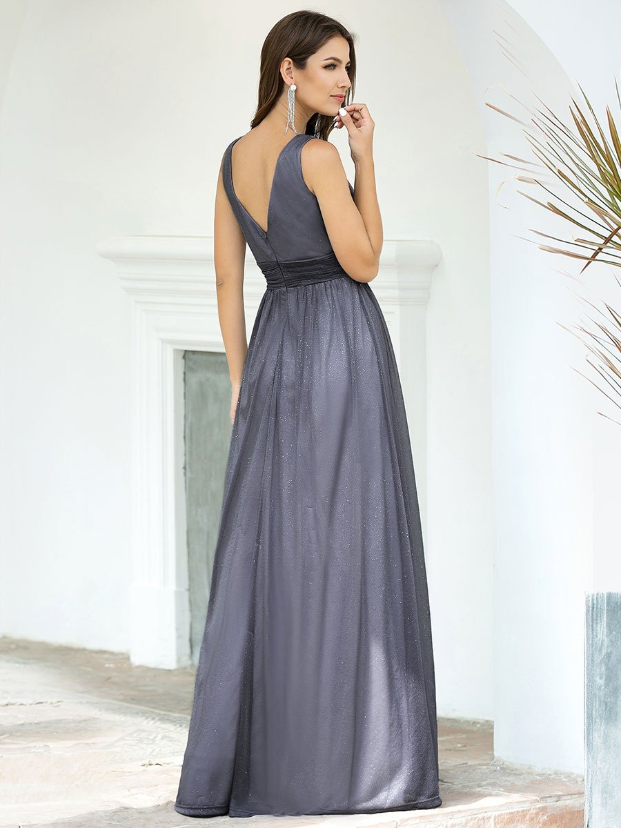 Sparkling Floor Length Evening Gown with Double V-Neck for Special Occasions