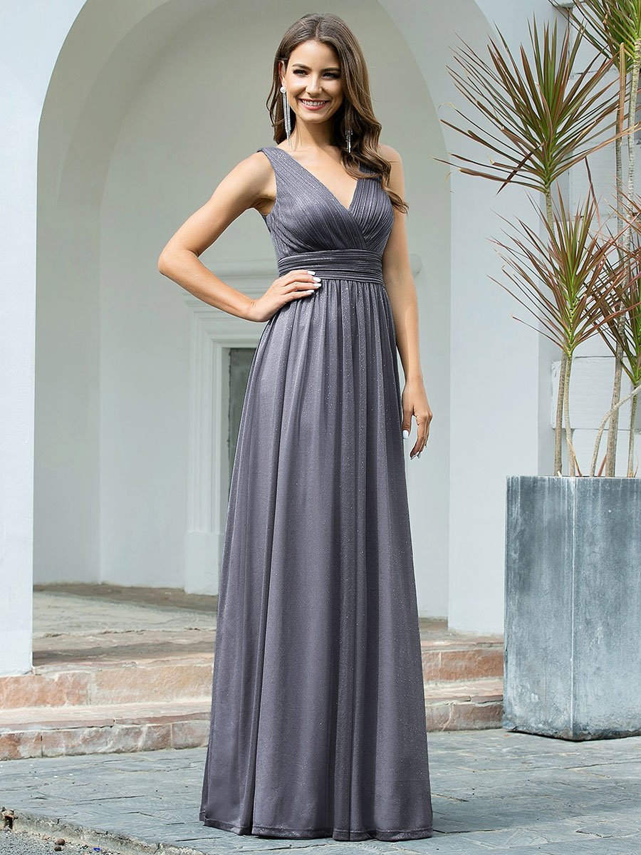 Sparkling Floor Length Evening Gown with Double V-Neck for Special Occasions