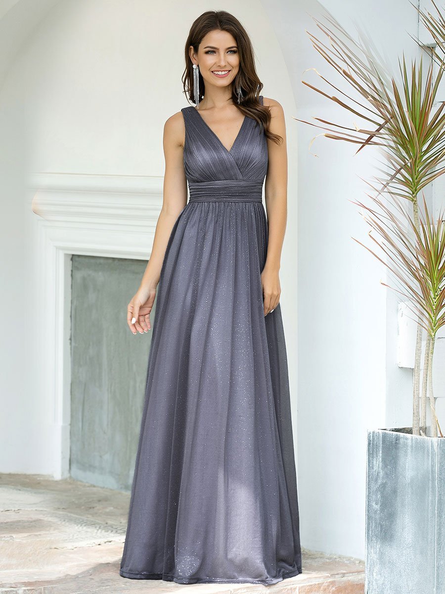 Sparkling Floor Length Evening Gown with Double V-Neck for Special Occasions