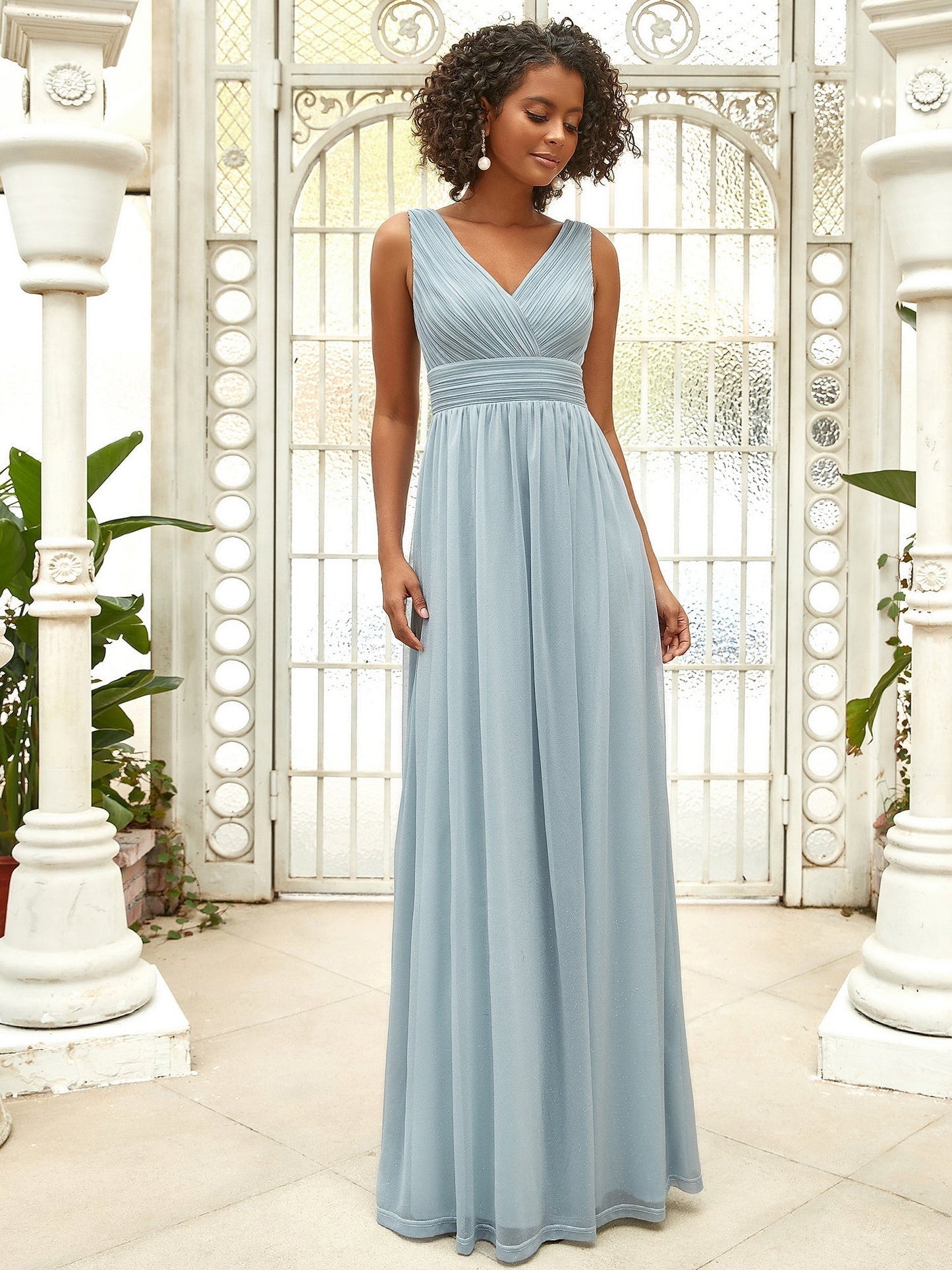 Sparkling Floor Length Evening Gown with Double V-Neck for Special Occasions