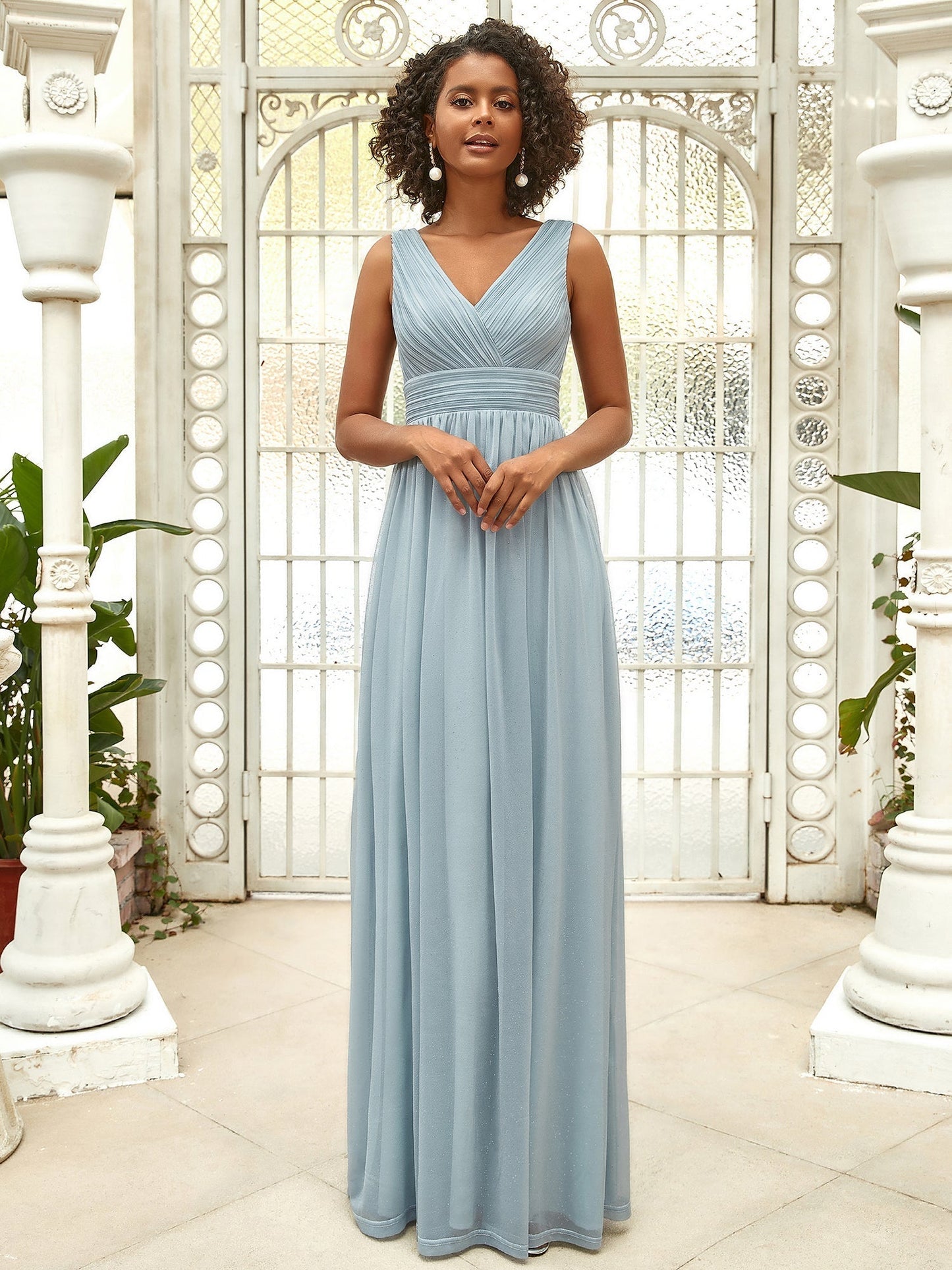 Sparkling Floor Length Evening Gown with Double V-Neck for Special Occasions