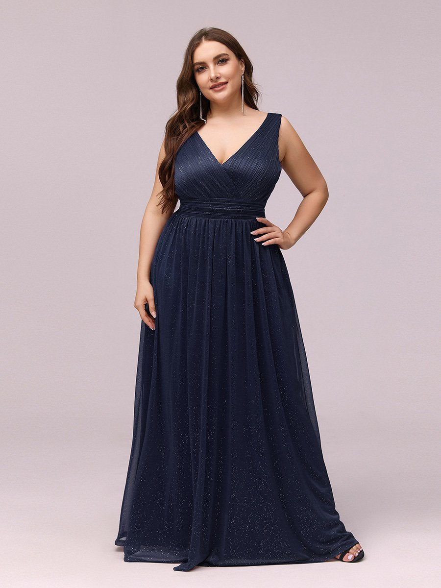 Sparkling Floor Length Evening Gown with Double V-Neck for Special Occasions