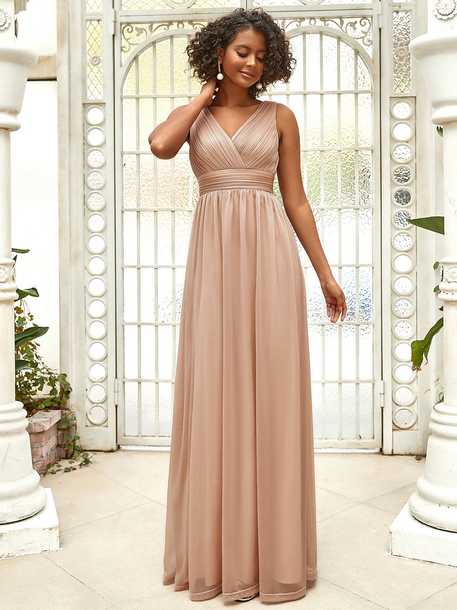 Sparkling Floor Length Evening Gown with Double V-Neck for Special Occasions