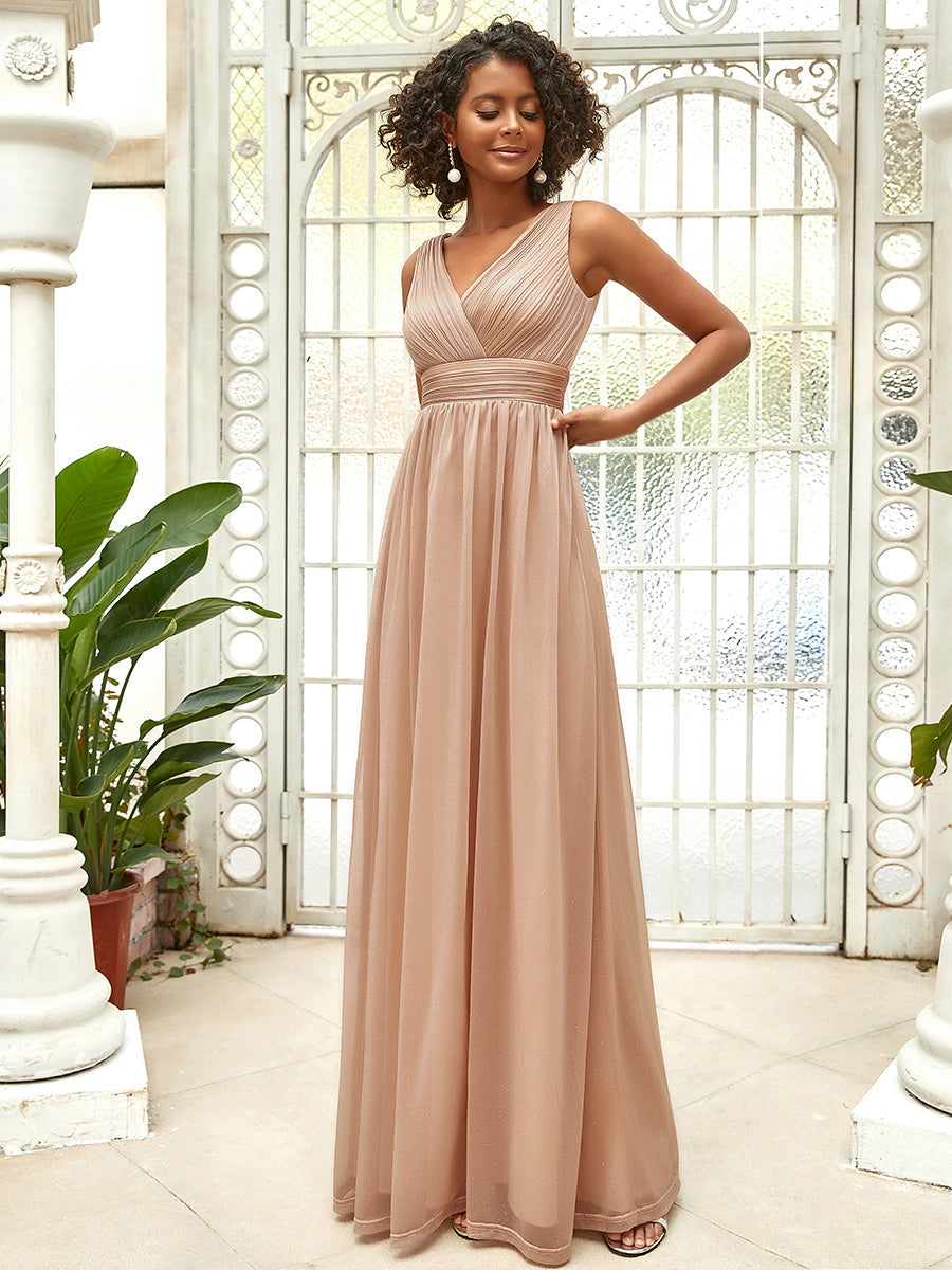 Sparkling Floor Length Evening Gown with Double V-Neck for Special Occasions