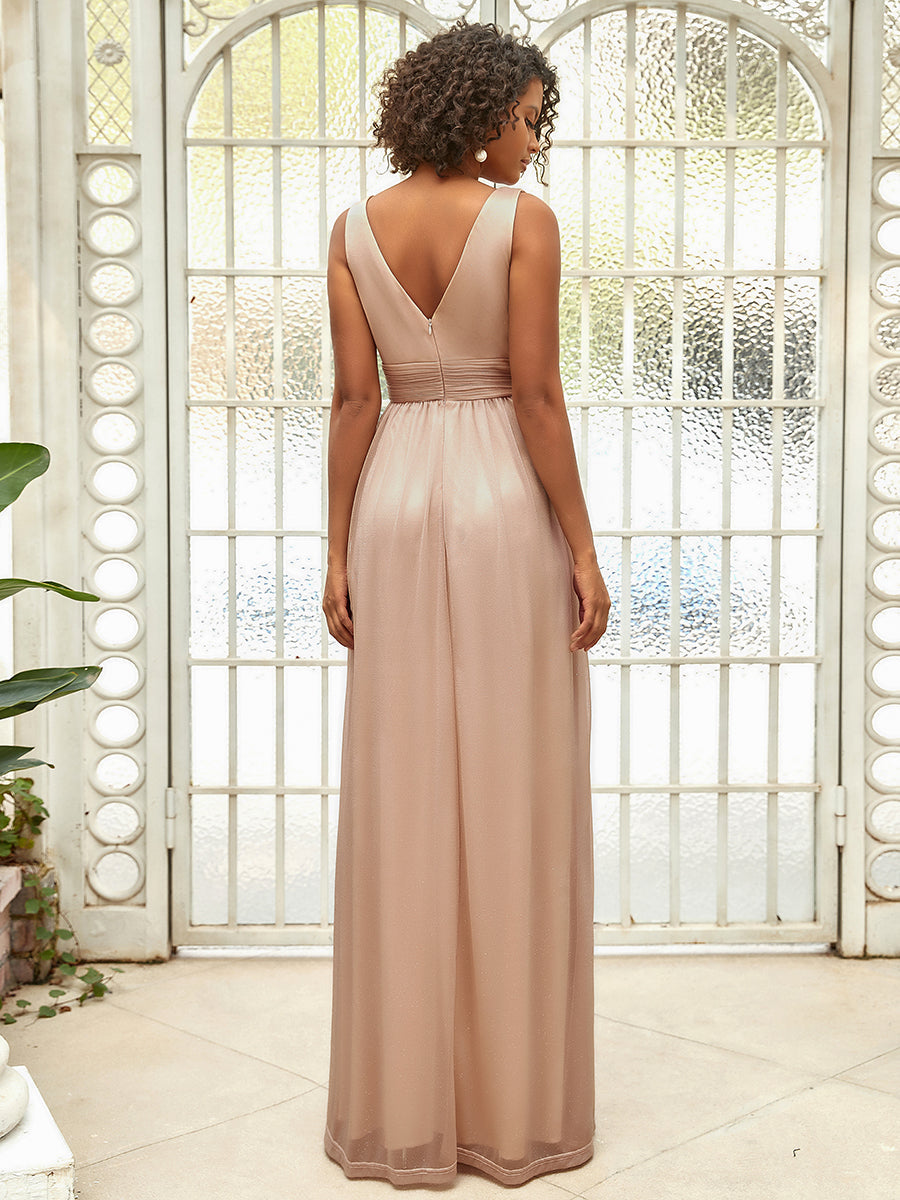 Sparkling Floor Length Evening Gown with Double V-Neck for Special Occasions