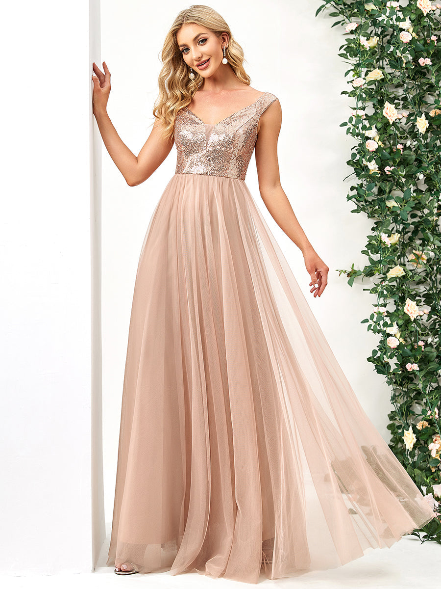 Elegant Sequin-Embellished Tulle Evening Gown