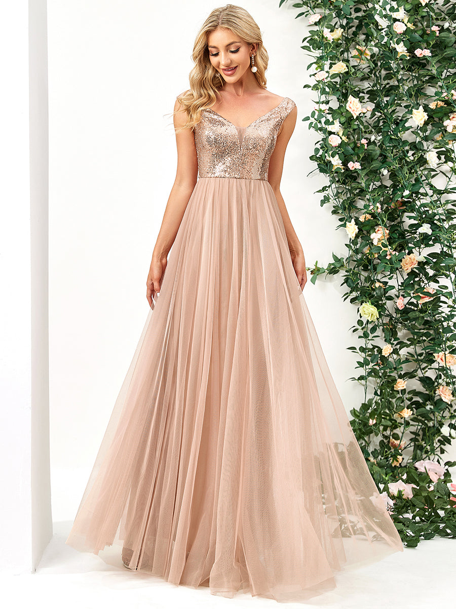 Elegant Sequin-Embellished Tulle Evening Gown