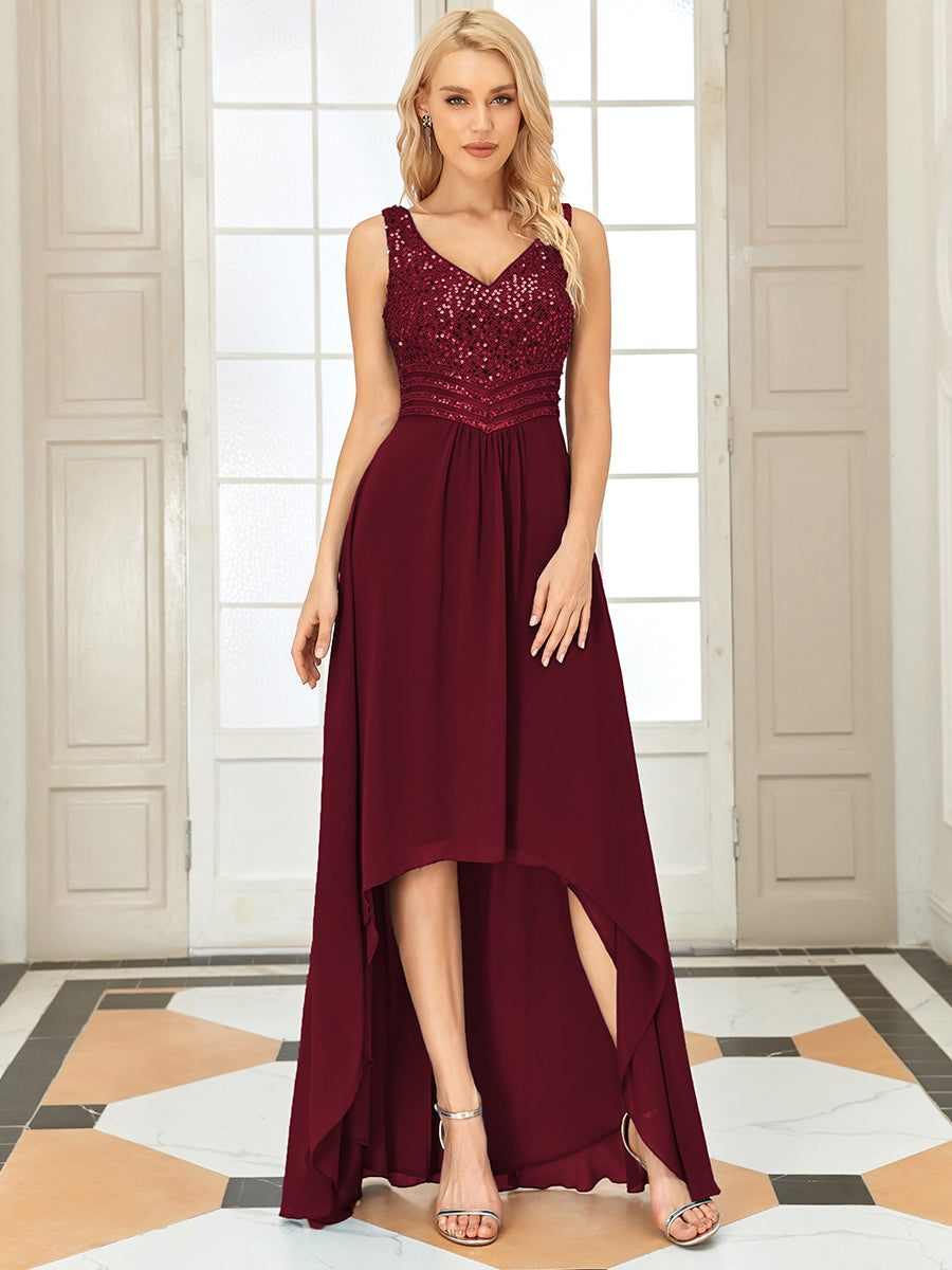 Elegant Sequined Chiffon High-Low Maxi Evening Dress for Women