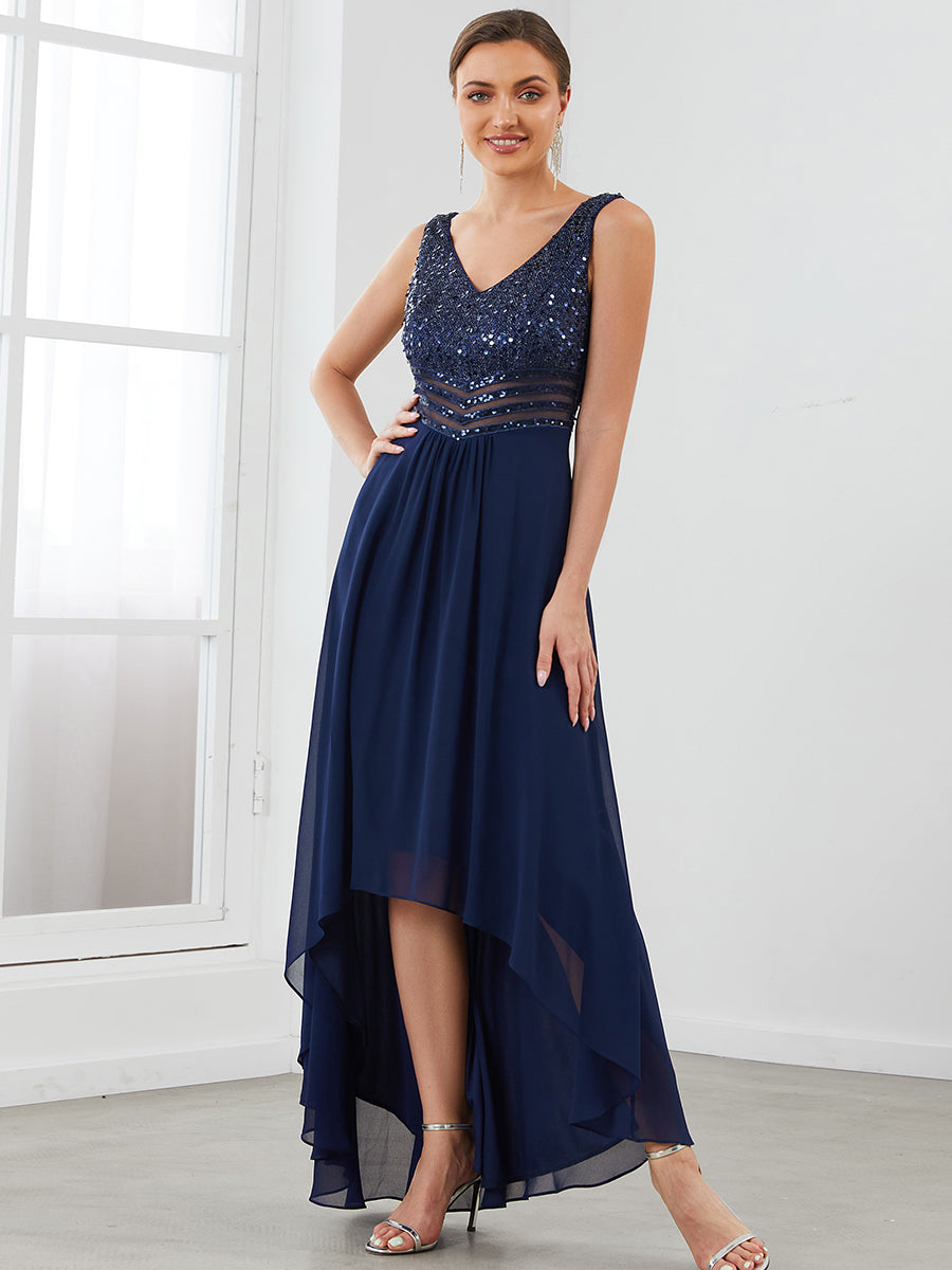 Elegant Sequined Chiffon High-Low Maxi Evening Dress for Women