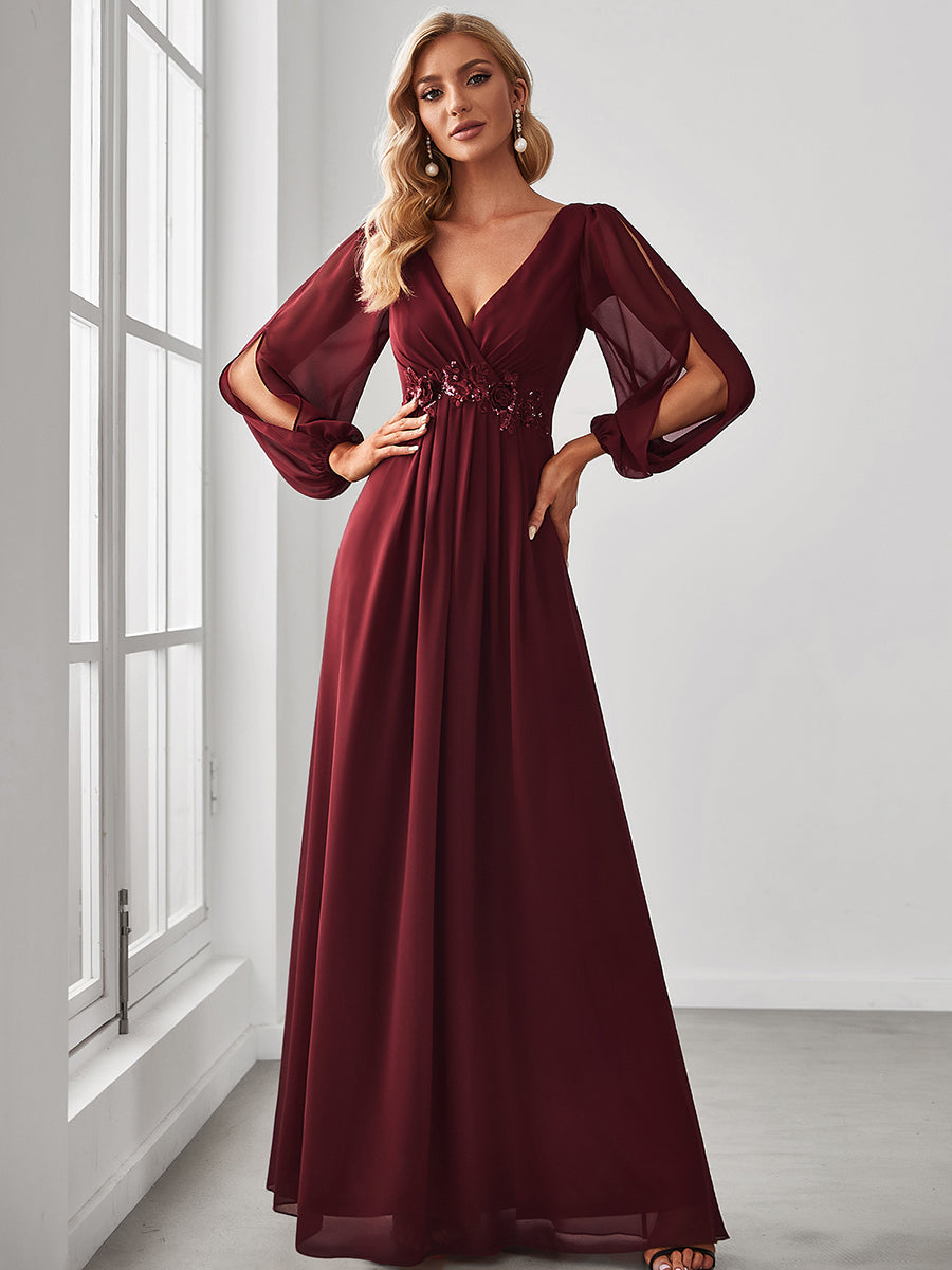 Elegant V-Neck Formal Dress with Long Lantern Sleeves