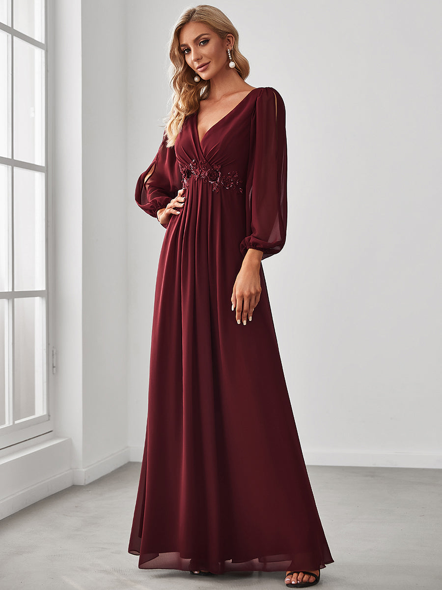 Elegant V-Neck Formal Dress with Long Lantern Sleeves