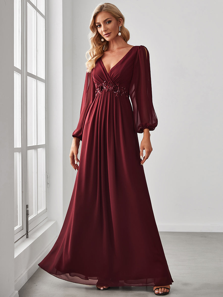 Elegant V-Neck Formal Dress with Long Lantern Sleeves