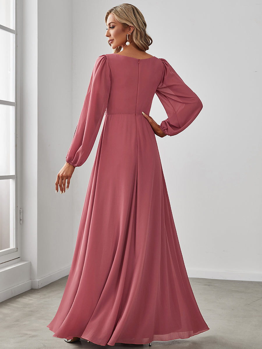 Elegant V-Neck Formal Dress with Long Lantern Sleeves