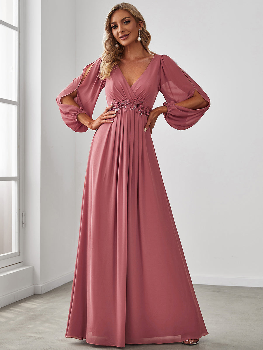 Elegant V-Neck Formal Dress with Long Lantern Sleeves