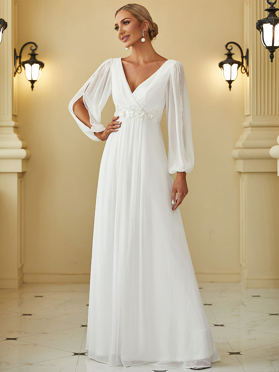 Elegant V-Neck Formal Dress with Long Lantern Sleeves