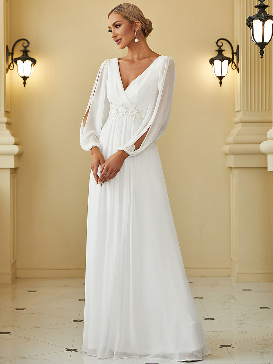 Elegant V-Neck Formal Dress with Long Lantern Sleeves