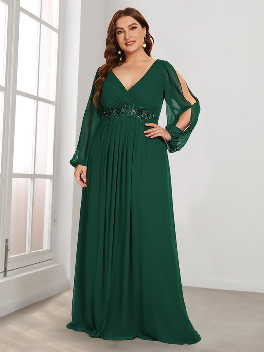 Elegant Chiffon Evening Gown for Plus Size Women with Lantern Sleeves