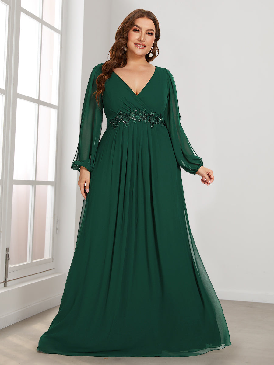 Elegant Chiffon Evening Gown for Plus Size Women with Lantern Sleeves