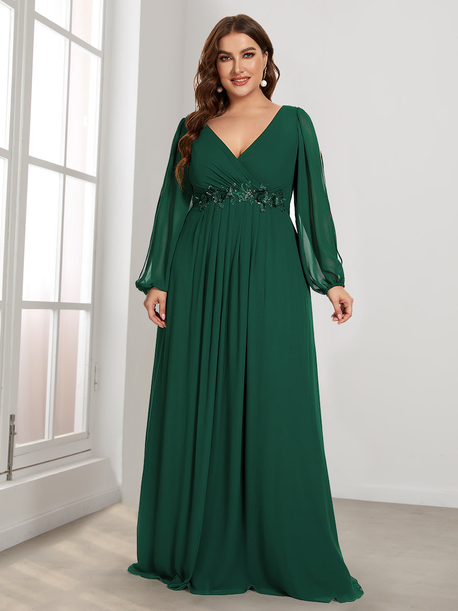 Elegant Chiffon Evening Gown for Plus Size Women with Lantern Sleeves