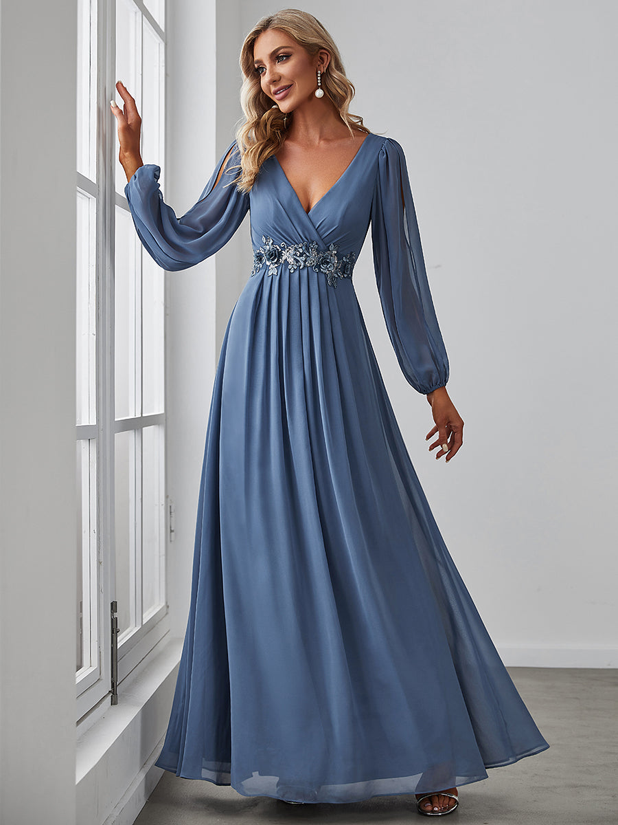 Elegant V-Neck Formal Dress with Long Lantern Sleeves