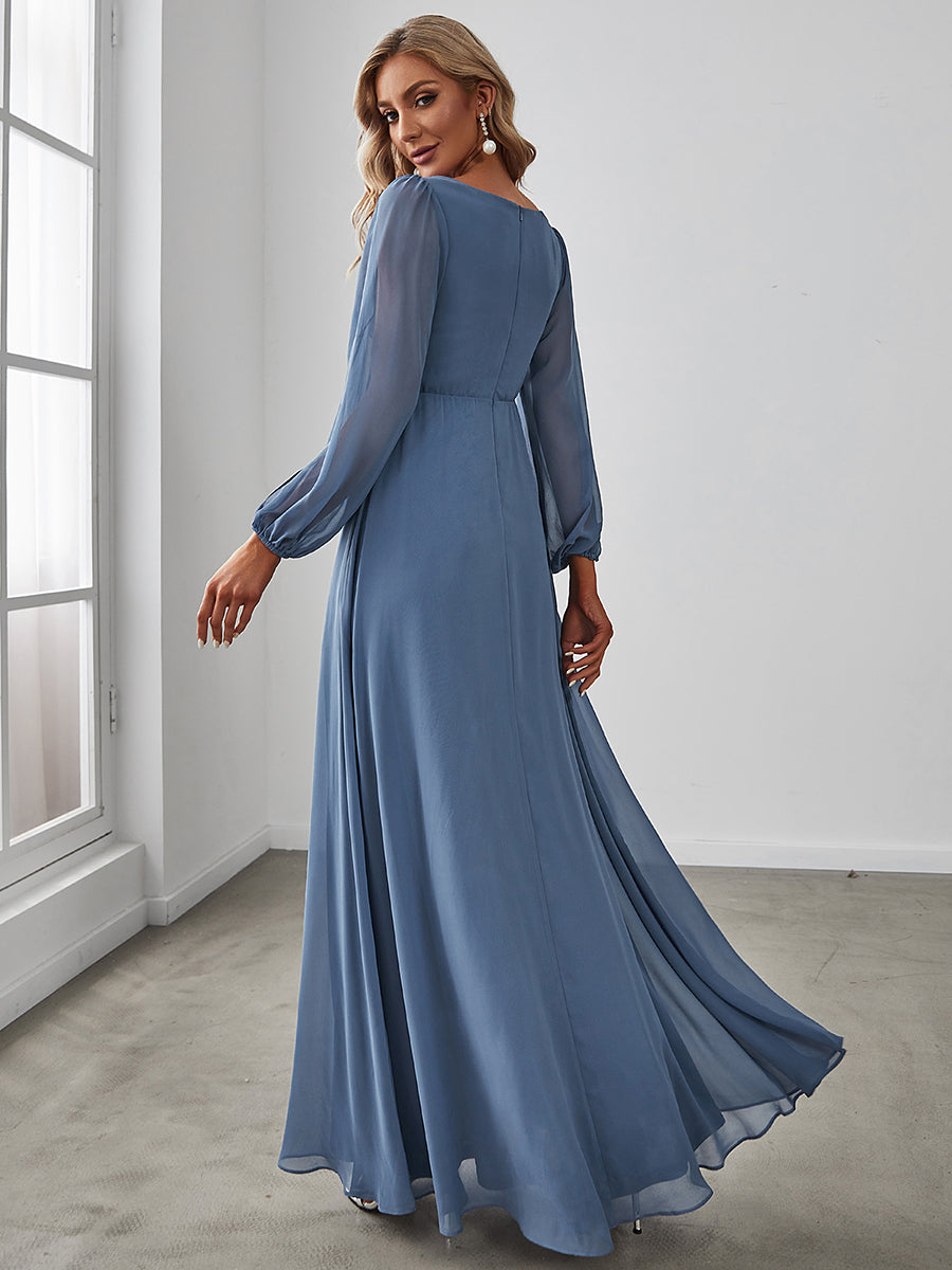 Elegant V-Neck Formal Dress with Long Lantern Sleeves