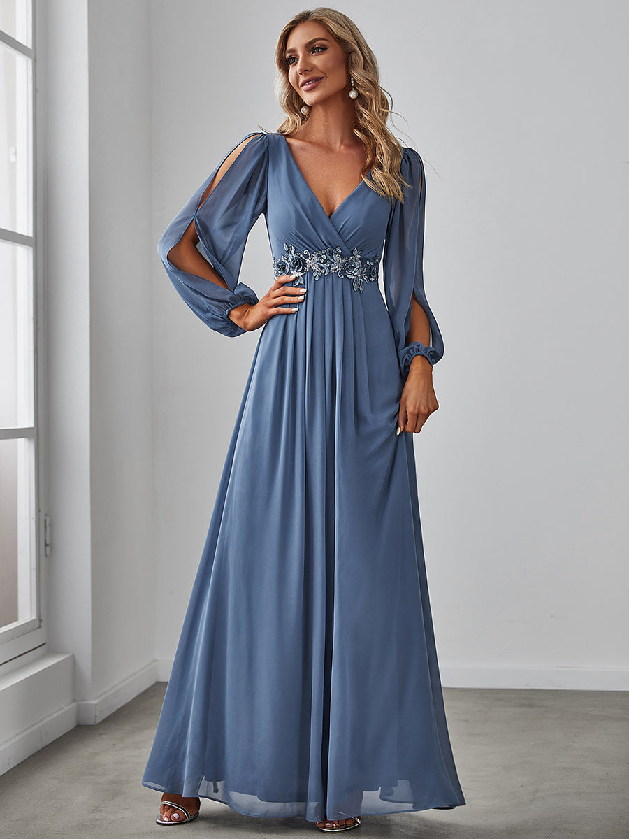 Elegant V-Neck Formal Dress with Long Lantern Sleeves