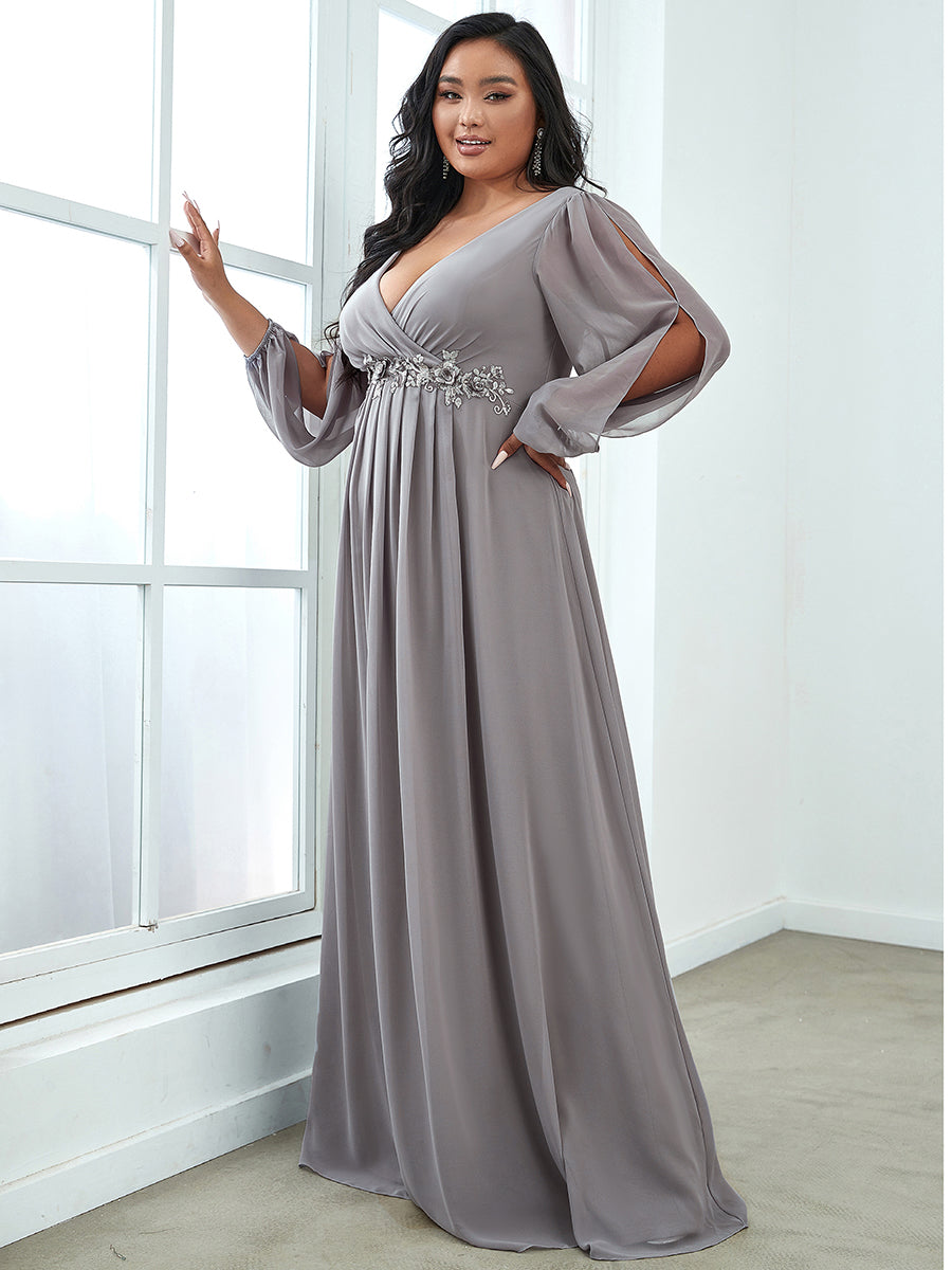 Elegant Chiffon Evening Gown for Plus Size Women with Lantern Sleeves