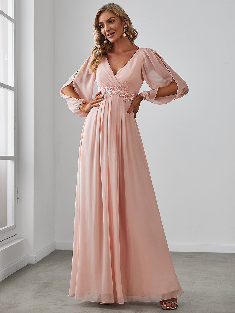 Elegant V-Neck Formal Dress with Long Lantern Sleeves