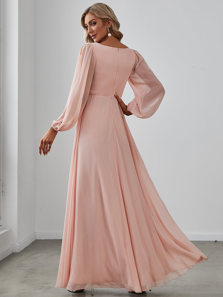 Elegant V-Neck Formal Dress with Long Lantern Sleeves