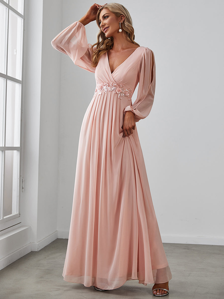 Elegant V-Neck Formal Dress with Long Lantern Sleeves