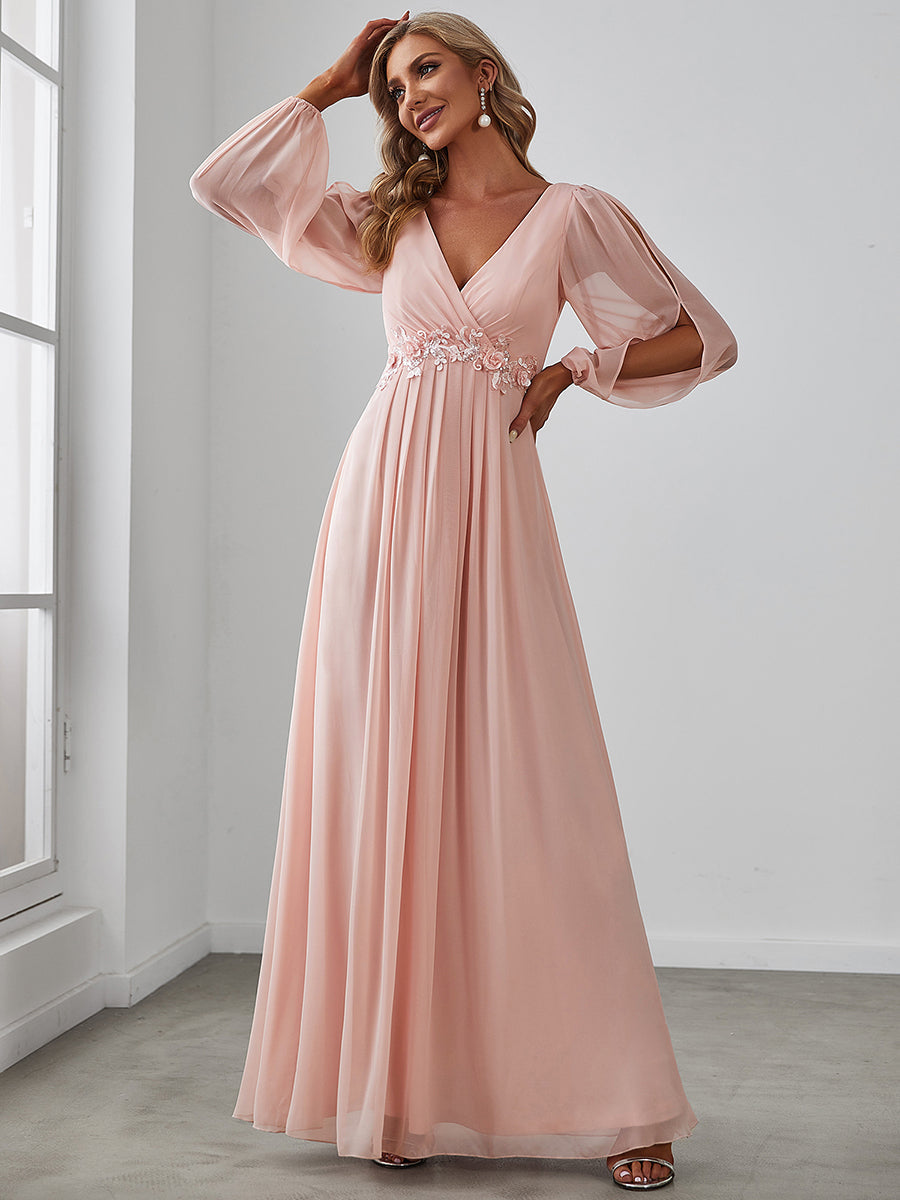 Elegant V-Neck Formal Dress with Long Lantern Sleeves