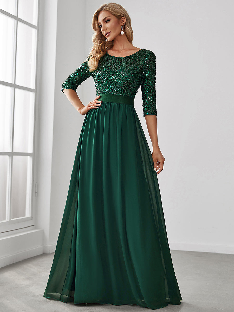 Elegant Sequined A-Line Evening Gown with 3/4 Sleeves