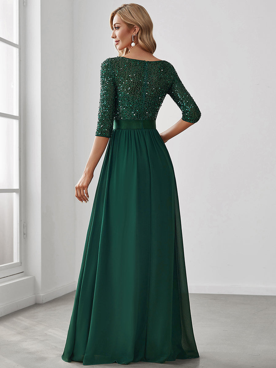 Elegant Sequined A-Line Evening Gown with 3/4 Sleeves