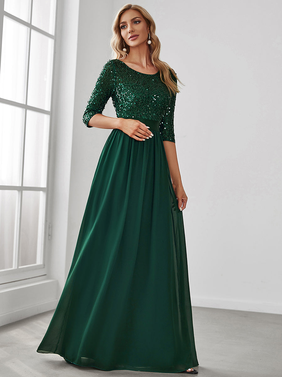 Elegant Sequined A-Line Evening Gown with 3/4 Sleeves