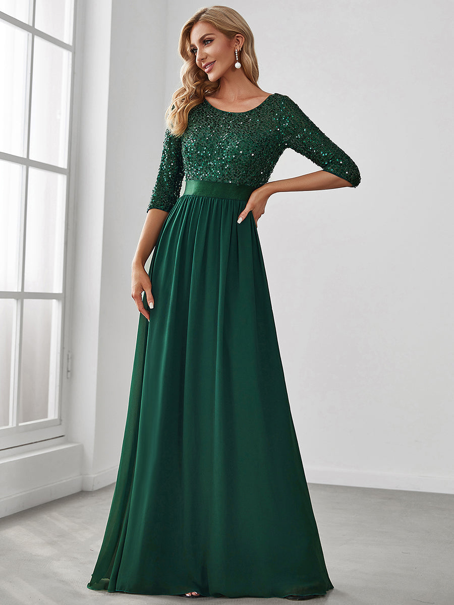 Elegant Sequined A-Line Evening Gown with 3/4 Sleeves