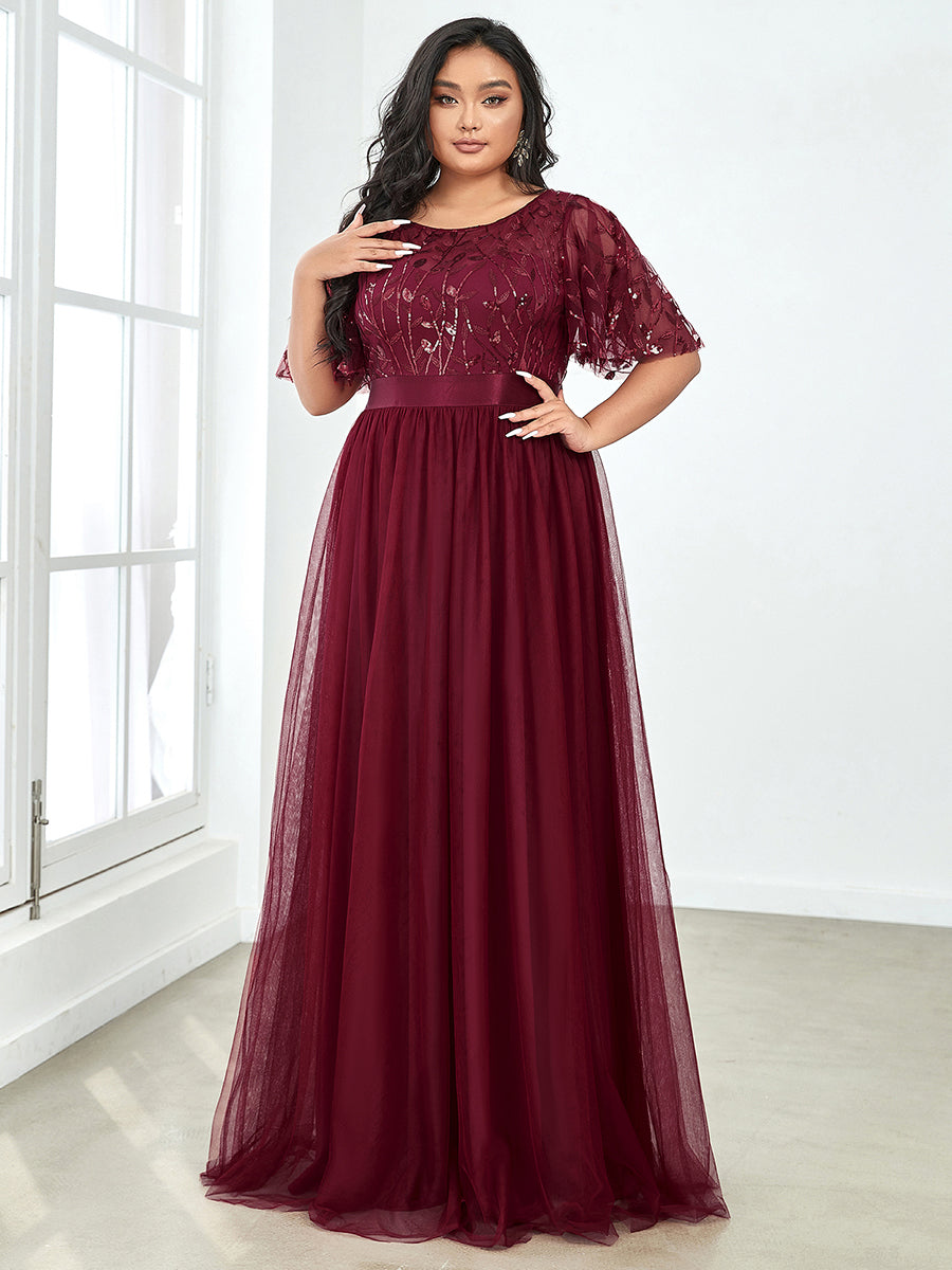 Shimmering Evening Gown with Ruffle Sleeves and Belt Detail